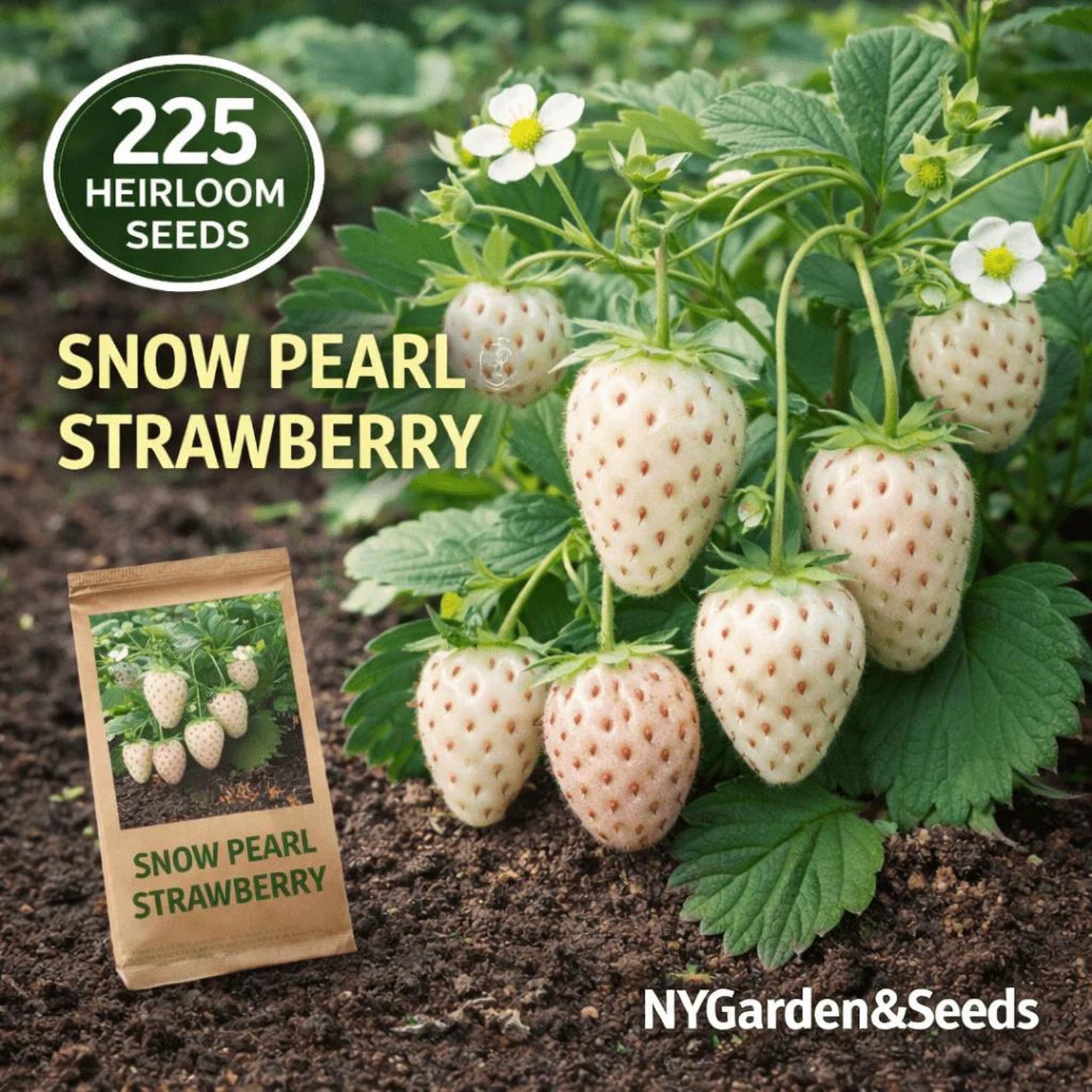 225 Count Premium Heirloom Non-GMO Organic Snow Pearl Strawberry Seeds High Yield Easy to Grow Vegetable Seeds for Home Garden Container Planting